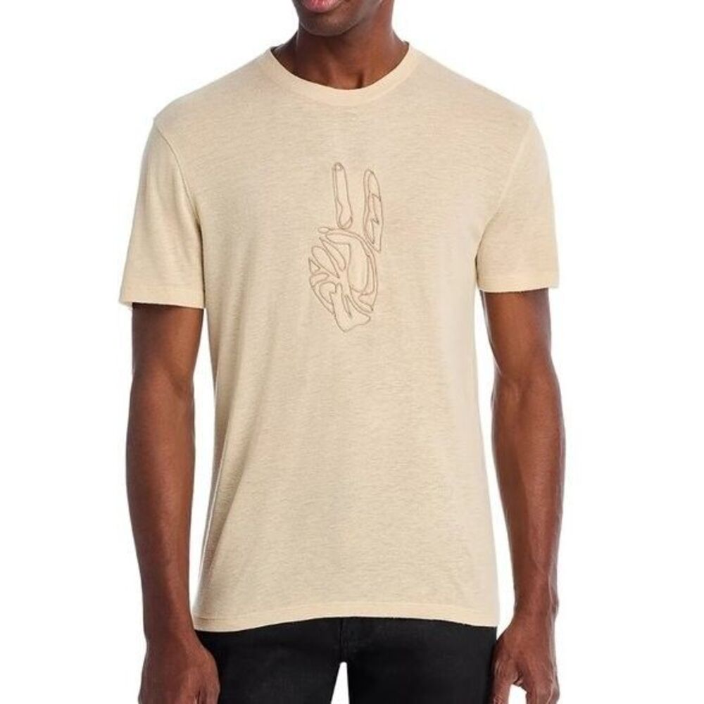 JOHN VARVATOS Shirt Mens XL Tan Crew Corded Peace Logo Linen Lyocell $148